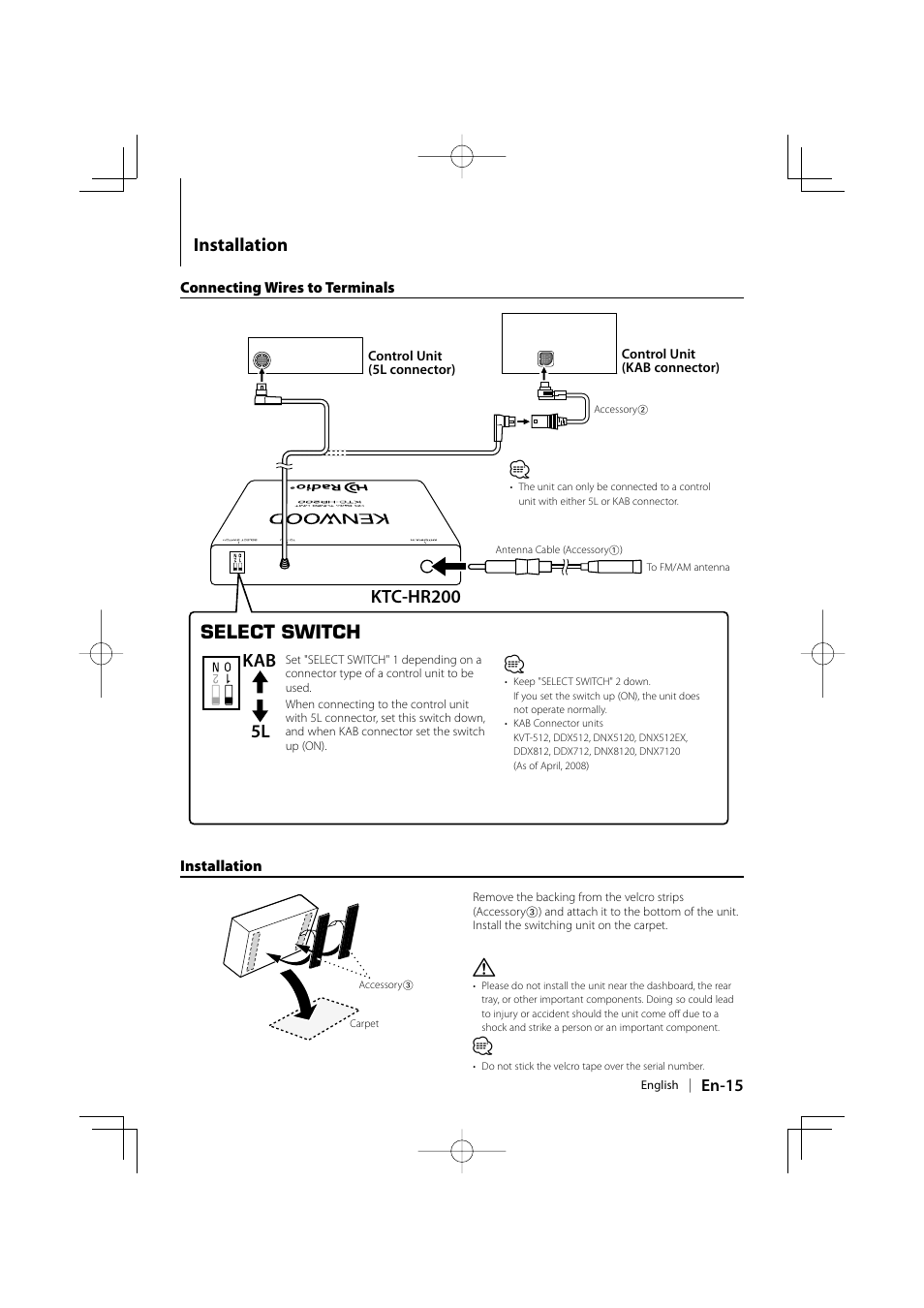Installation, Kab select switch 5l, Ktc-hr200 | Kenwood KTC-HR200 User Manual | Page 15 / 52