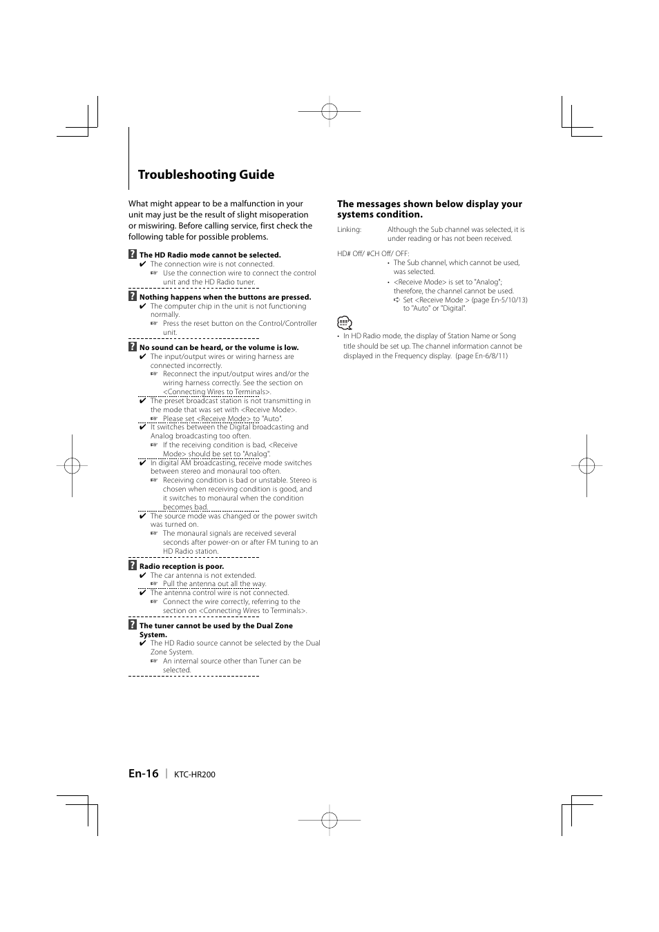 Troubleshooting guide, En-16 | Kenwood KTC-HR200 User Manual | Page 16 / 52