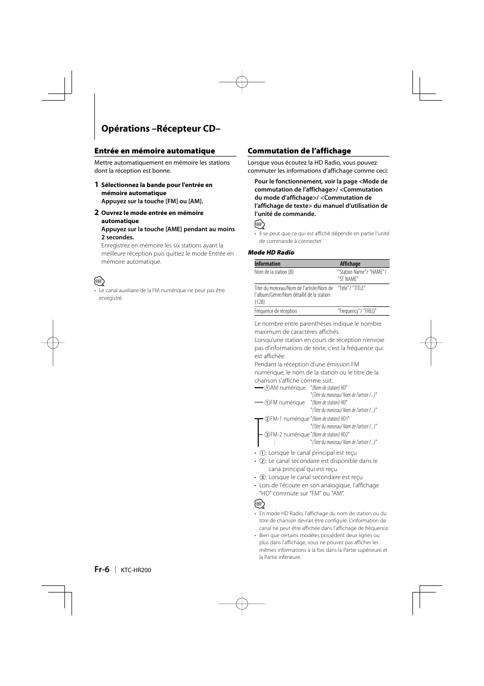 Opérations –récepteur cd, Fr-6 | Kenwood KTC-HR200 User Manual | Page 22 / 52