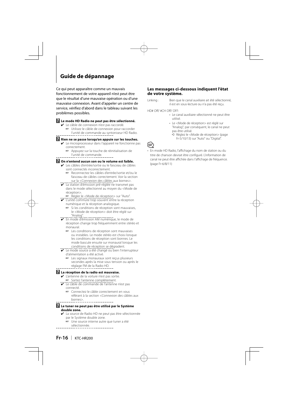 Guide de dépannage, Fr-16 | Kenwood KTC-HR200 User Manual | Page 32 / 52