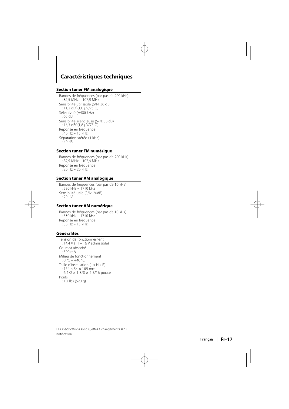 Caractéristiques techniques, Fr-17 | Kenwood KTC-HR200 User Manual | Page 33 / 52
