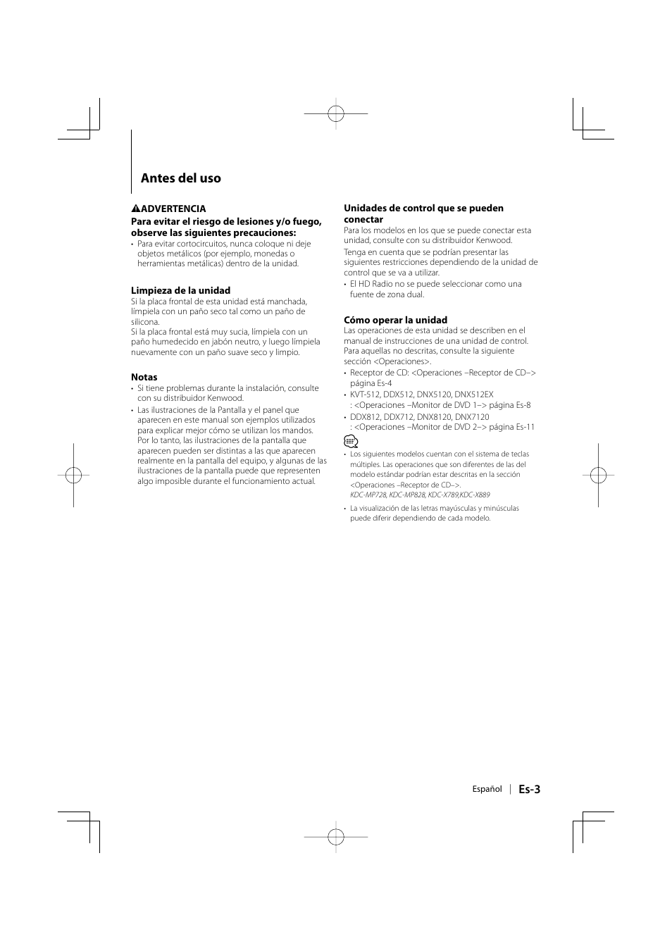 Antes del uso, Es-3 | Kenwood KTC-HR200 User Manual | Page 35 / 52