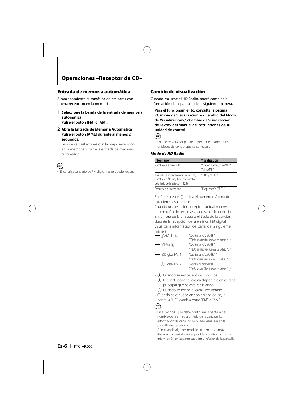 Operaciones –receptor de cd, Es-6 | Kenwood KTC-HR200 User Manual | Page 38 / 52