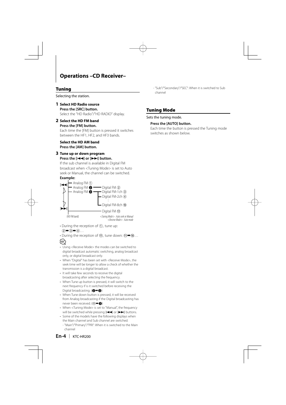 Operations –cd receiver, En-4, Tuning | Tuning mode | Kenwood KTC-HR200 User Manual | Page 4 / 52
