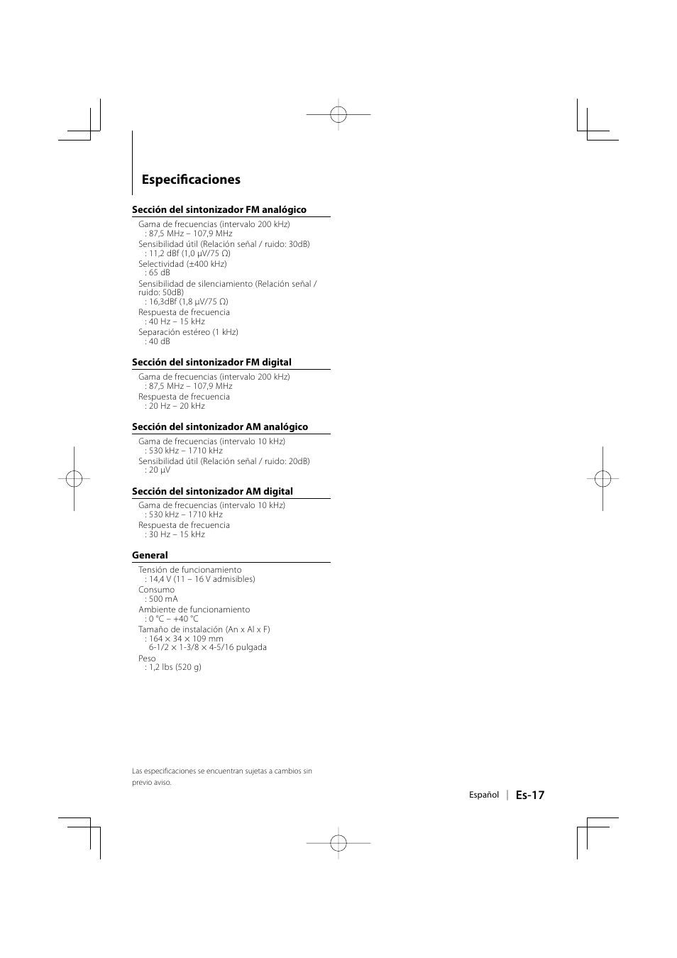 Especifi caciones, Es-17 | Kenwood KTC-HR200 User Manual | Page 49 / 52