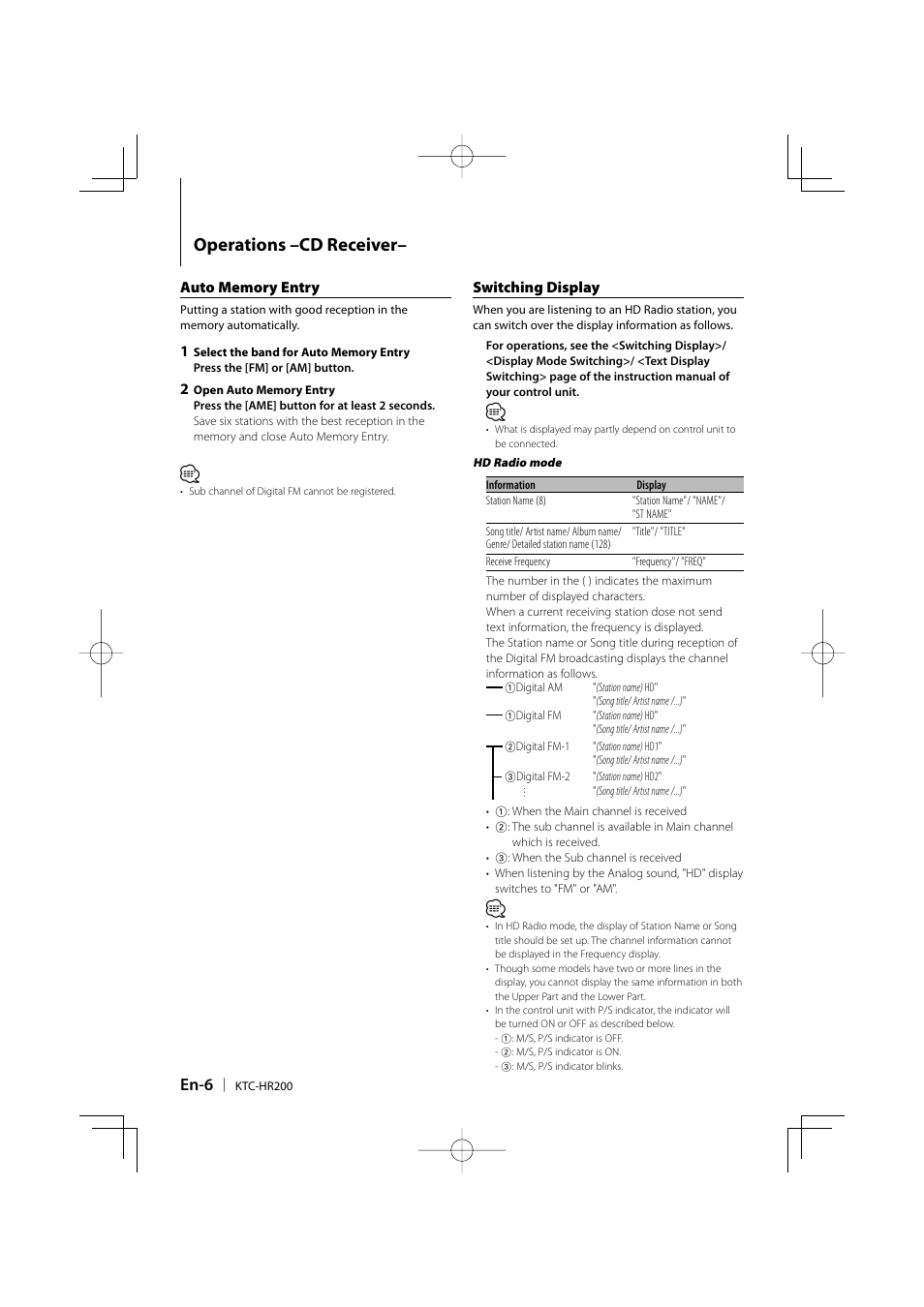 Operations –cd receiver, En-6 | Kenwood KTC-HR200 User Manual | Page 6 / 52