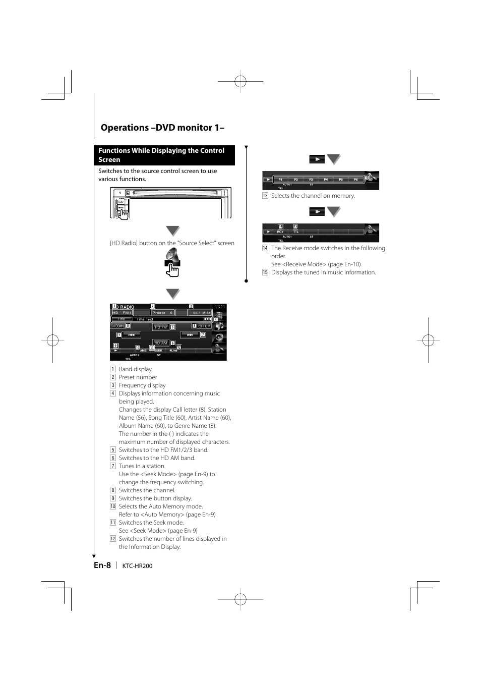 Operations –dvd monitor 1, En-8 | Kenwood KTC-HR200 User Manual | Page 8 / 52
