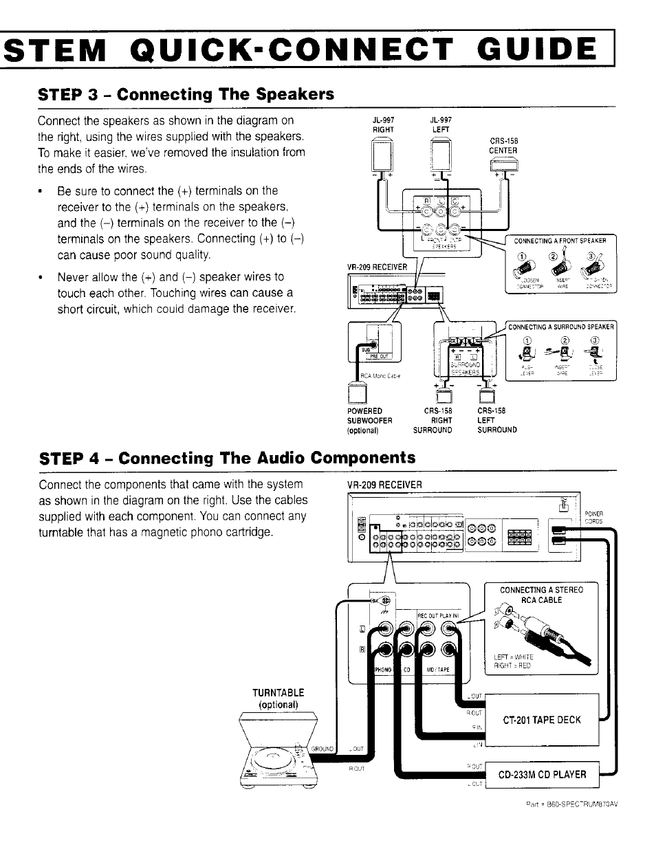 Stem quick-connect guide, Step 3 - connecting the speakers, Step 4 - connecting the audio components | Kenwood SPECTRUM 870AV User Manual | Page 2 / 4