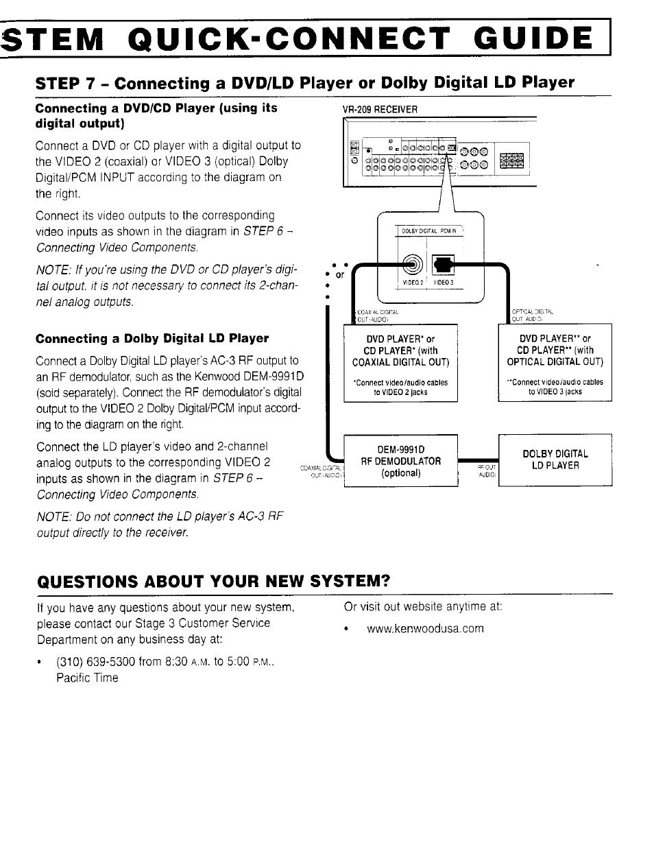 Stem quick-connect guide, Questions about your new system, Connecting a dolby digital ld player | Kenwood SPECTRUM 870AV User Manual | Page 4 / 4