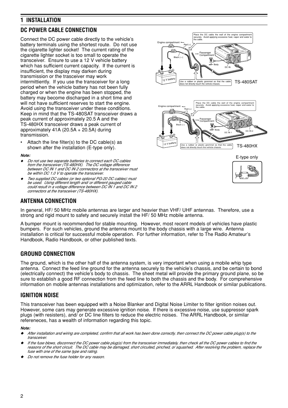 1 installation antenna connection, Ground connection, Ignition noise | Dc power cable connection | Kenwood TS-480SAT User Manual | Page 10 / 104