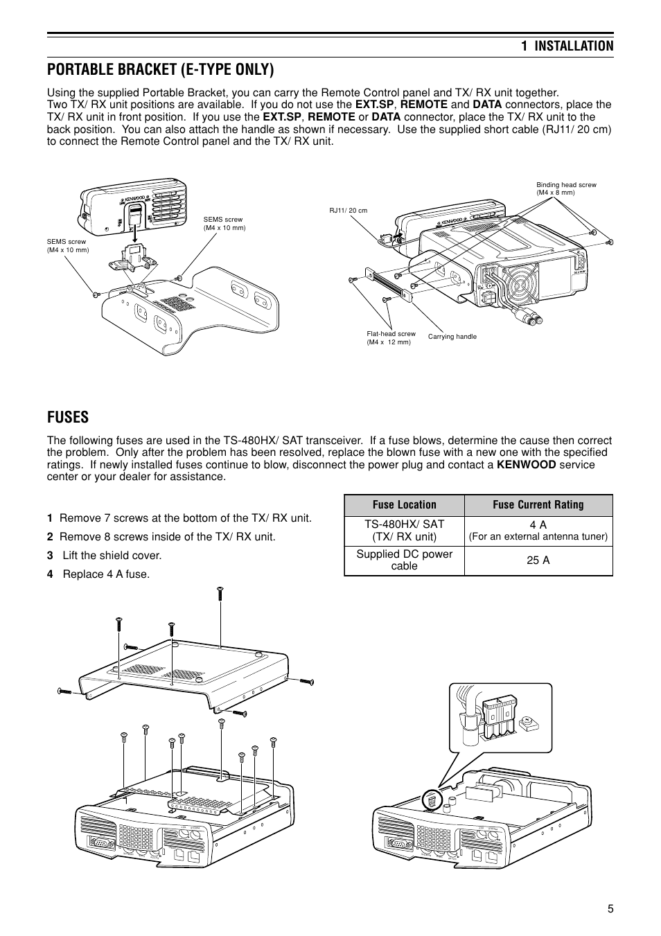 Portable bracket (e-type only), Fuses, 1 installation | Kenwood TS-480SAT User Manual | Page 13 / 104