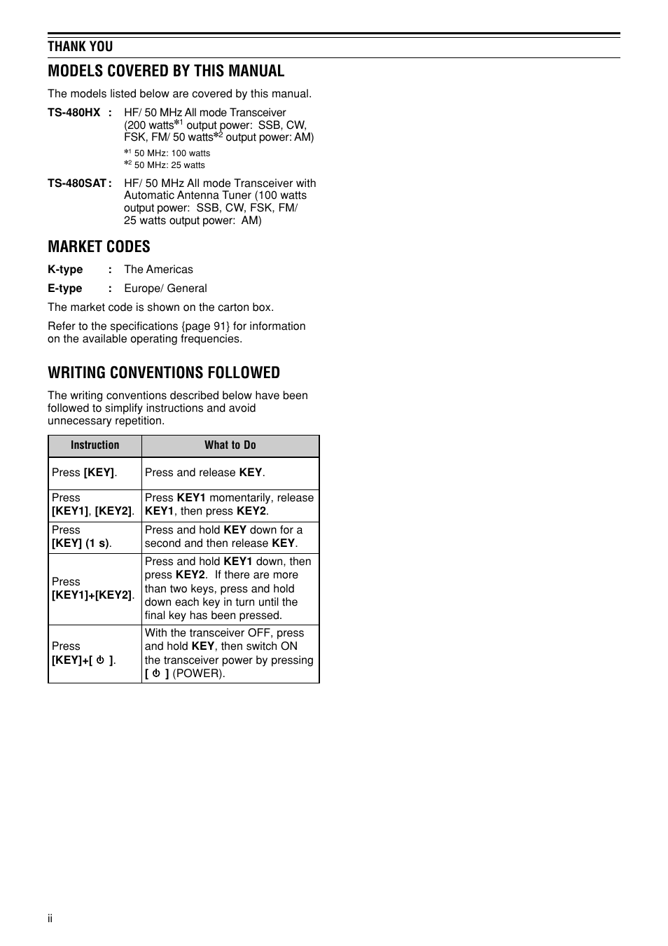 Models covered by this manual, Market codes, Writing conventions followed | Kenwood TS-480SAT User Manual | Page 4 / 104