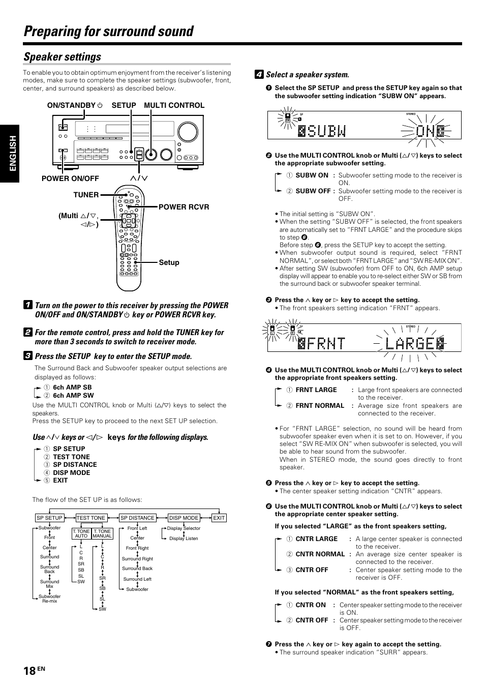 Preparing for surround sound, Speaker settings, English | Press the setup key to enter the setup mode, Select a speaker system | Kenwood KRF-V8070D User Manual | Page 18 / 48
