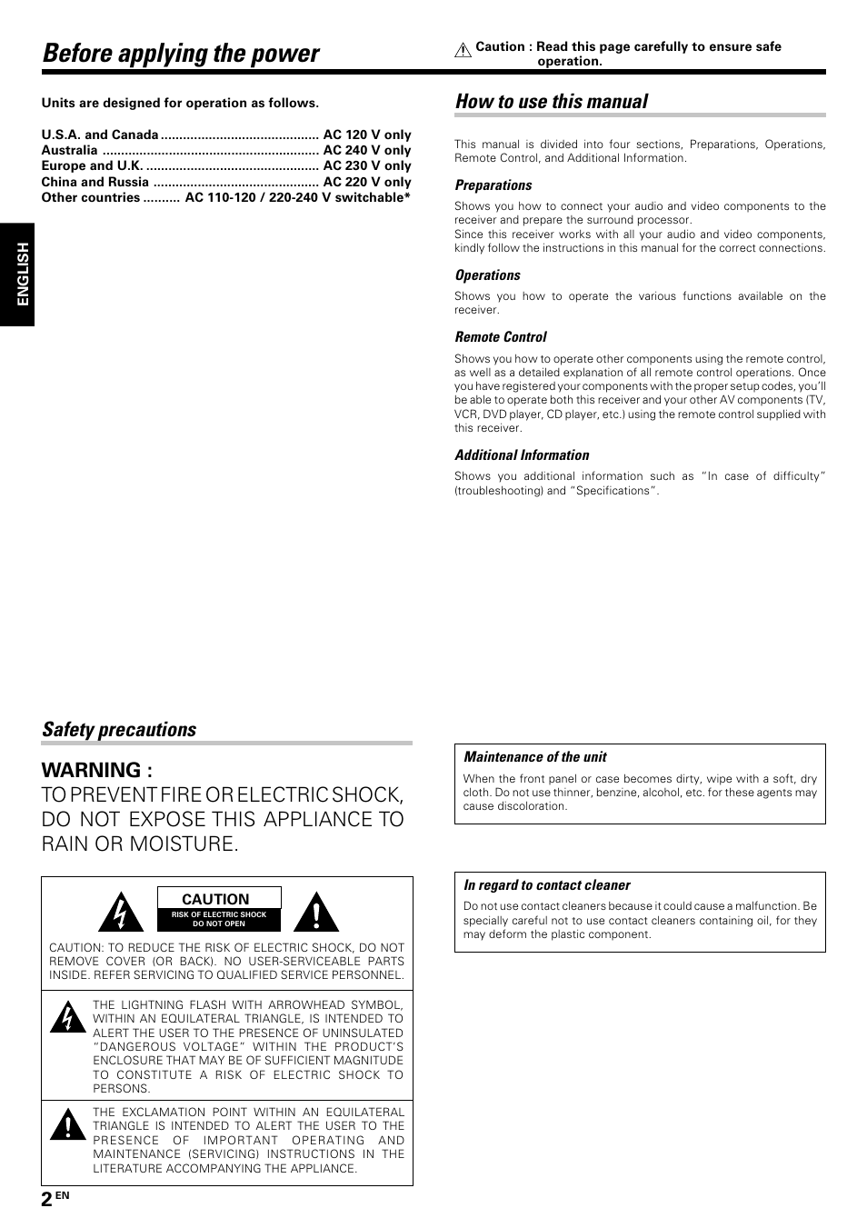 Preparations, Before applying the power, Safety precautions | How to use this manual | Kenwood KRF-V8070D User Manual | Page 2 / 48