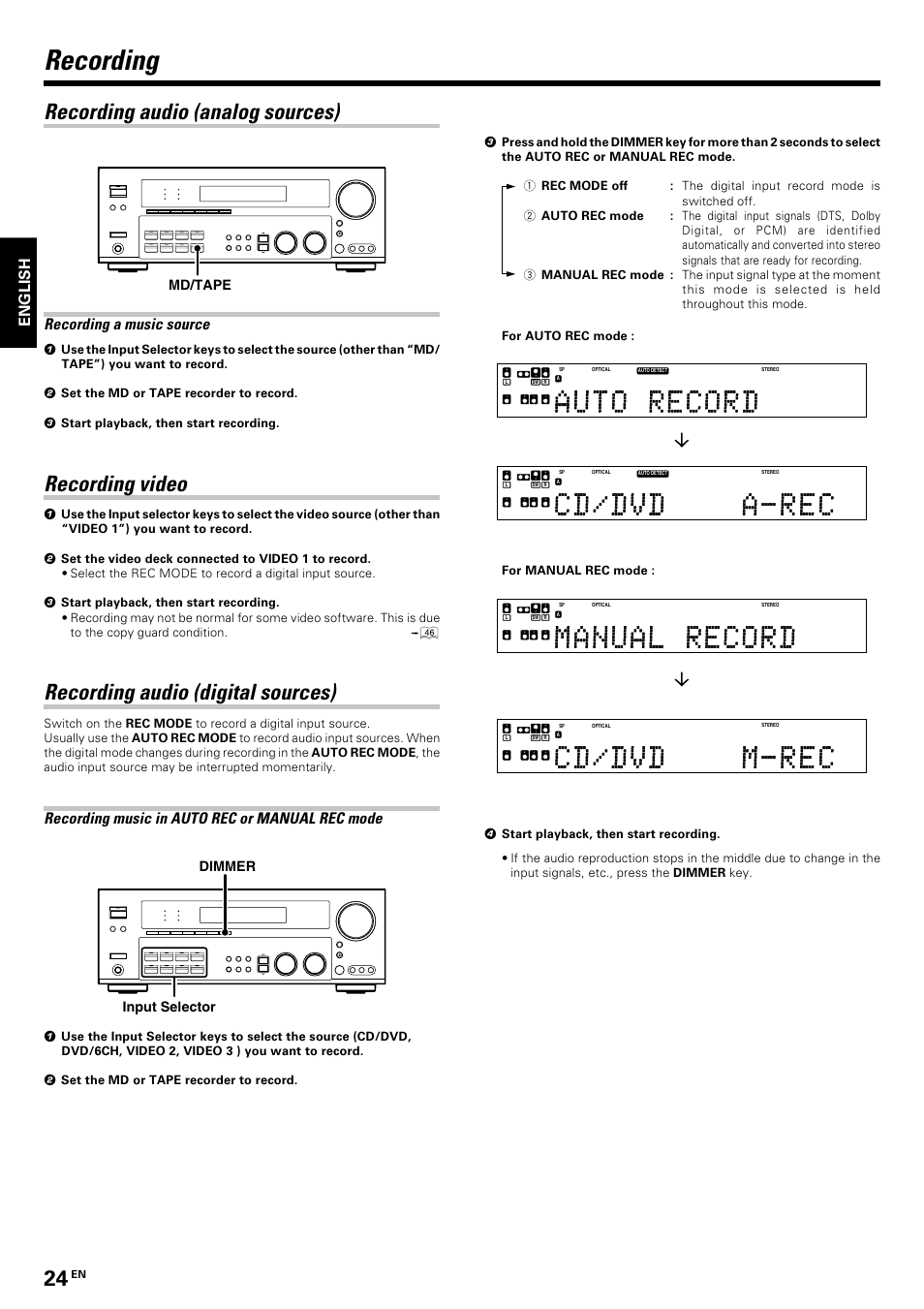 Recording, Recording audio (analog sources), Recording video | Recording audio (digital sources), English, Recording a music source, Recording music in auto rec or manual rec mode, Md/tape, Input selector dimmer, For manual rec mode | Kenwood KRF-V8070D User Manual | Page 24 / 48