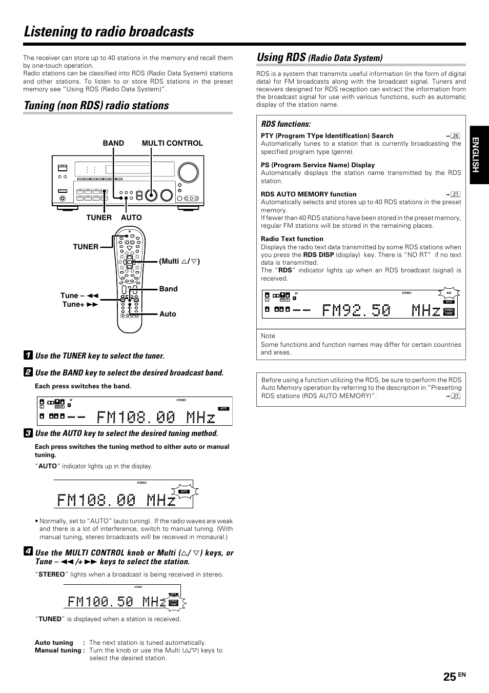 Listening to radio broadcasts, Tuning (non rds) radio stations, Using rds (radio data system) | Using rds, Radio data system), English, Rds functions, Use the tuner key to select the tuner, Each press switches the band | Kenwood KRF-V8070D User Manual | Page 25 / 48
