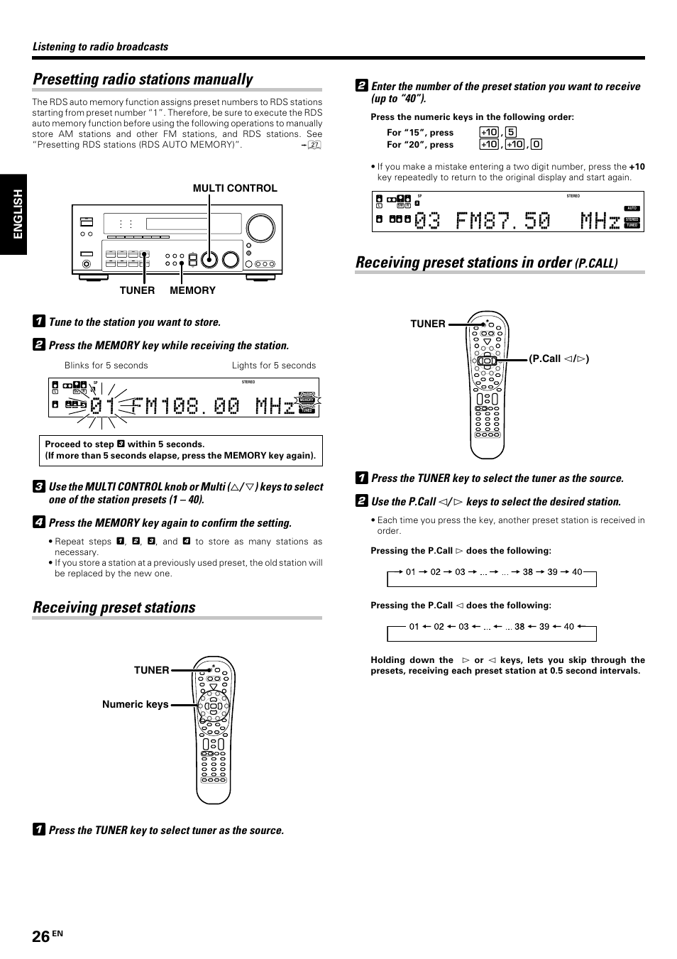 Presetting radio stations manually, Receiving preset stations, Receiving preset stations in order (p.call) | Receiving preset stations in order, P.call), English, Tune to the station you want to store, Tuner numeric keys, P.call @ / # ) tuner | Kenwood KRF-V8070D User Manual | Page 26 / 48