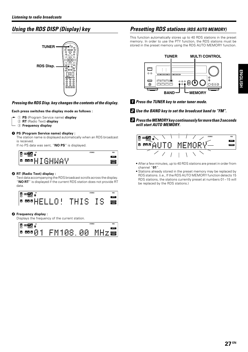 Using the rds disp (display) key, Presetting rds stations (rds auto memory), Presetting rds stations | English listening to radio broadcasts, Press the tuner key to enter tuner mode, Use the band key to set the broadcast band to “fm, Tuner rds disp | Kenwood KRF-V8070D User Manual | Page 27 / 48