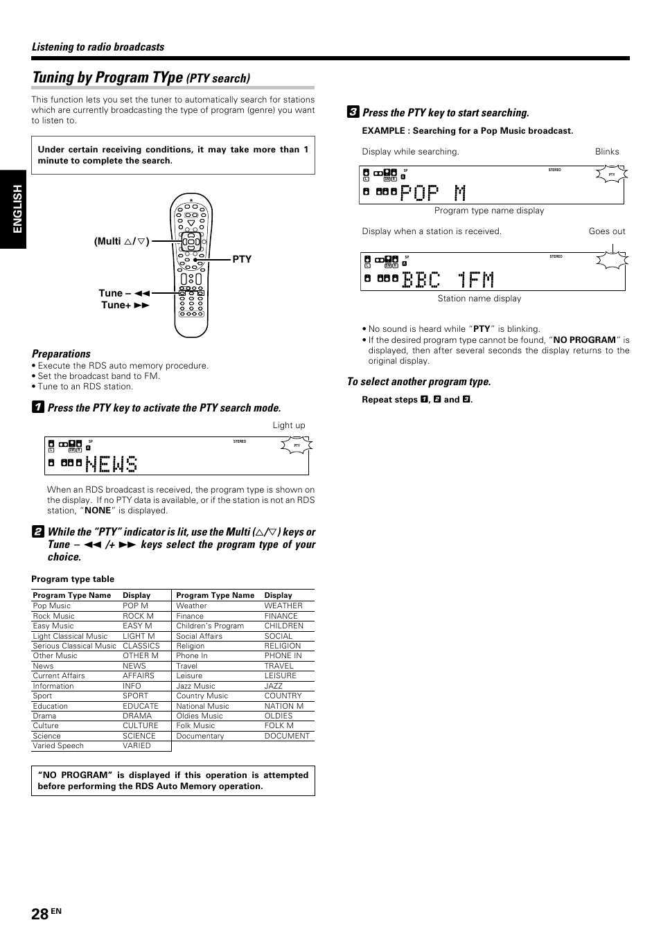 Tuning by program type (pty search), Tuning by program type, Pty search) | English, Press the pty key to start searching, Listening to radio broadcasts, Preparations, Press the pty key to activate the pty search mode, Pty (multi % / ﬁ ) tune – 1 tune | Kenwood KRF-V8070D User Manual | Page 28 / 48