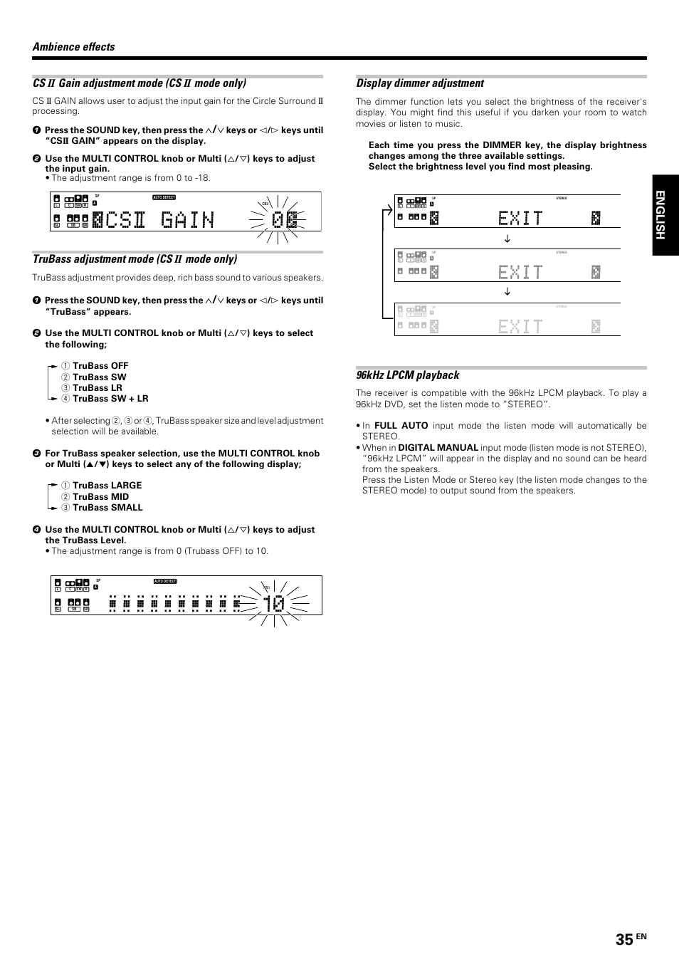 Trubass adjustment mode (cs ii mode only), Display dimmer adjustment, 96khz lpcm playback | Kenwood KRF-V8070D User Manual | Page 35 / 48
