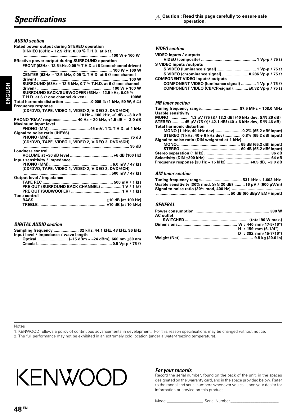 Specifications, For your records | Kenwood KRF-V8070D User Manual | Page 48 / 48