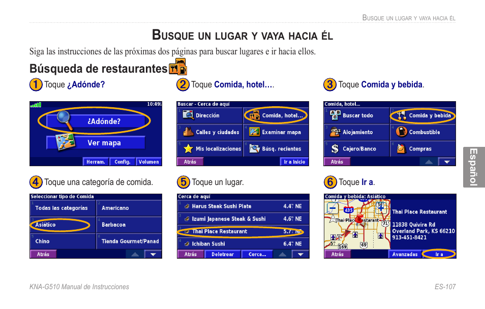 Busque un lugar y vaya hacia, Búsqueda.de.restaurantes, Búsqueda de restaurantes | Kenwood KNA-G510 User Manual | Page 113 / 160
