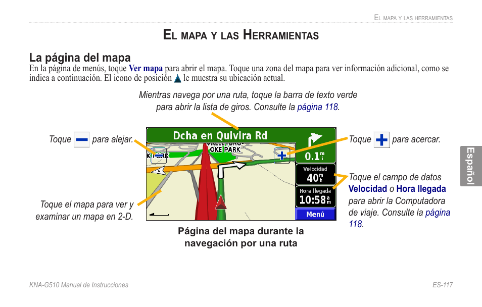 El mapa y las herramientas, La página del mapa | Kenwood KNA-G510 User Manual | Page 123 / 160