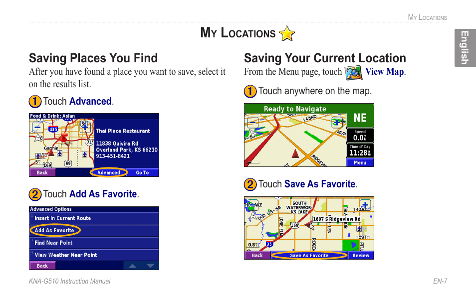 My locations, Saving places you find, Saving your current location | Kenwood KNA-G510 User Manual | Page 13 / 160