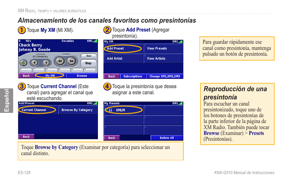 Reproducción de una presintonía | Kenwood KNA-G510 User Manual | Page 134 / 160