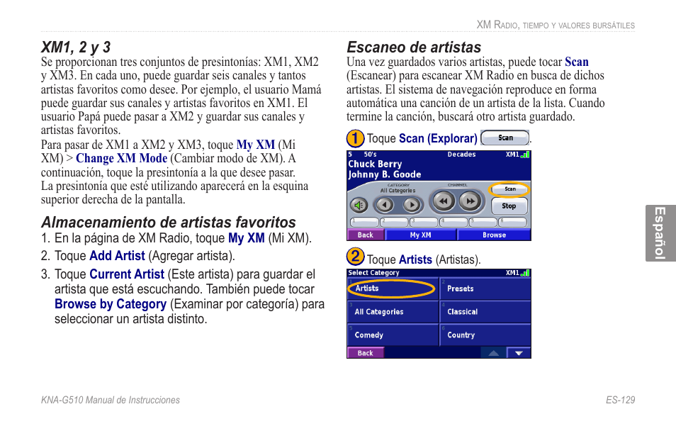 Xm1, 2 y 3, Almacenamiento de artistas favoritos, Escaneo de artistas | Kenwood KNA-G510 User Manual | Page 135 / 160