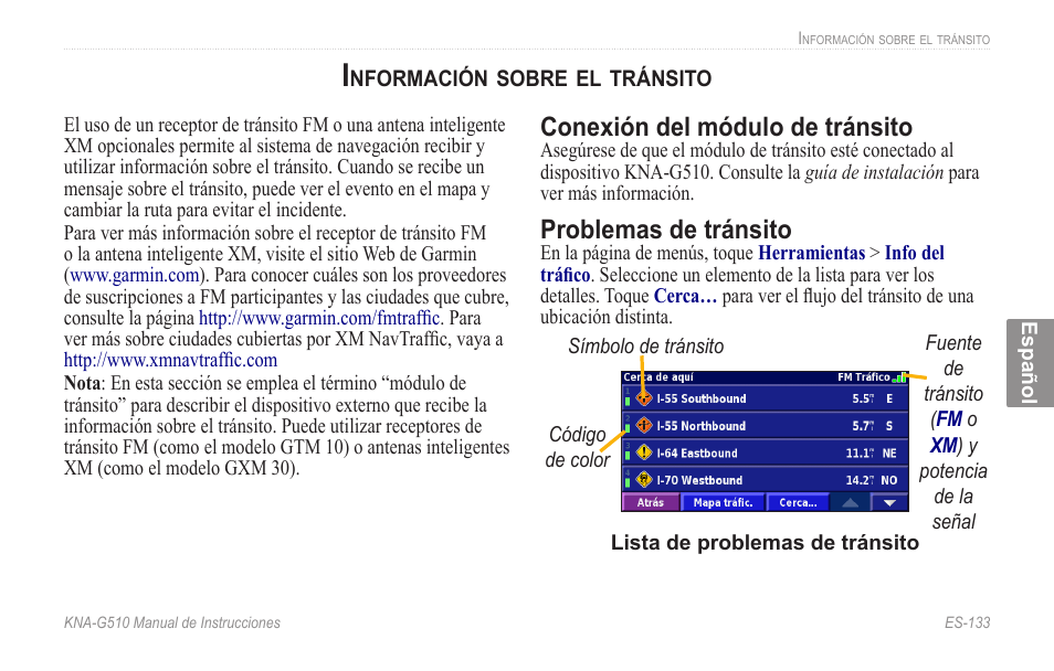 Información sobre el, Tránsito, Conexión del módulo de tránsito | Problemas de tránsito | Kenwood KNA-G510 User Manual | Page 139 / 160