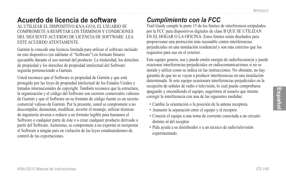 Acuerdo.de.licencia.de.software, Acuerdo de licencia de software, Cumplimiento con la fcc | Kenwood KNA-G510 User Manual | Page 155 / 160