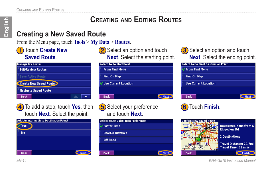 Creating and editing routes, Creating a new saved route, Creating.a.new.saved.route | Kenwood KNA-G510 User Manual | Page 20 / 160