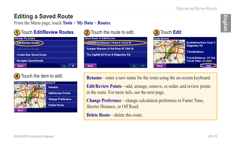 Editing a saved route, Editing.a.saved.route | Kenwood KNA-G510 User Manual | Page 21 / 160