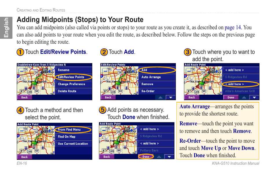 Adding midpoints (stops) to your route, Adding.midpoints.(stops).to.your, Route | Kenwood KNA-G510 User Manual | Page 22 / 160