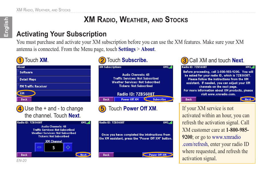 Xm radio, weather, and stocks, Activating your subscription, Xm radio, weather, and | Stocks, Activating.your.subscription, Xm r | Kenwood KNA-G510 User Manual | Page 26 / 160