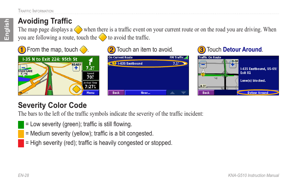 Avoiding traffic, Severity color code, Avoiding traffic severity.color.code | Kenwood KNA-G510 User Manual | Page 34 / 160