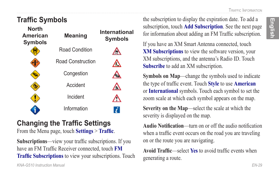 Traffic symbols, Changing the traffic settings, Traffic symbols changing the traffic settings | Kenwood KNA-G510 User Manual | Page 35 / 160