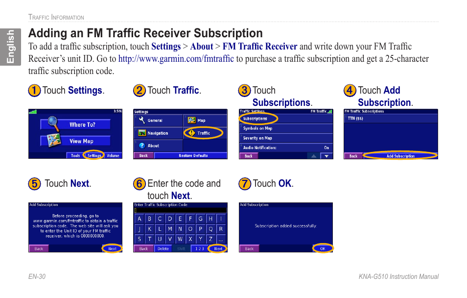 Adding an fm traffic receiver subscription, Adding an fm traffic receiver, Subscription | Kenwood KNA-G510 User Manual | Page 36 / 160