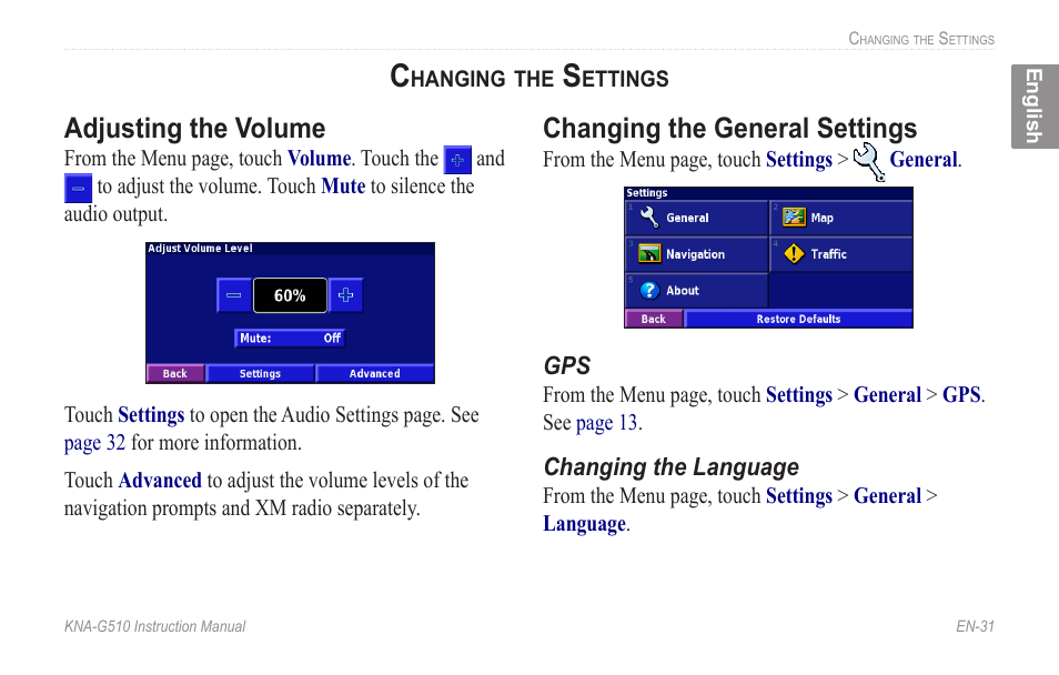 Changing the settings, Adjusting the volume, Changing the general settings | Adjusting.the.volume changing.the.general.settings | Kenwood KNA-G510 User Manual | Page 37 / 160