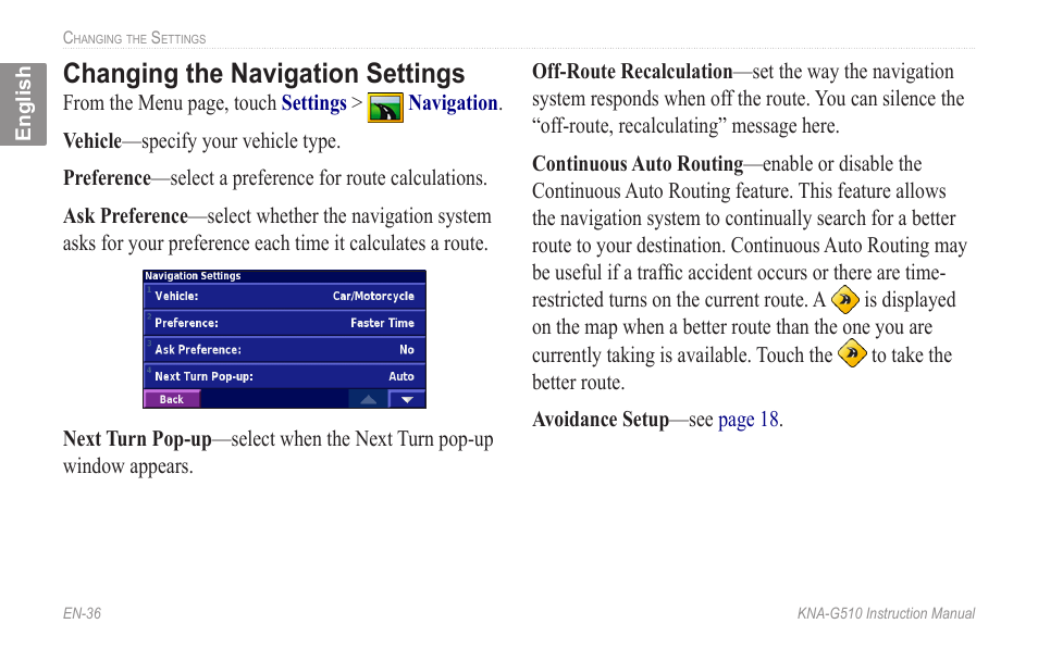 Changing the navigation settings, Changing.the.navigation.settings | Kenwood KNA-G510 User Manual | Page 42 / 160