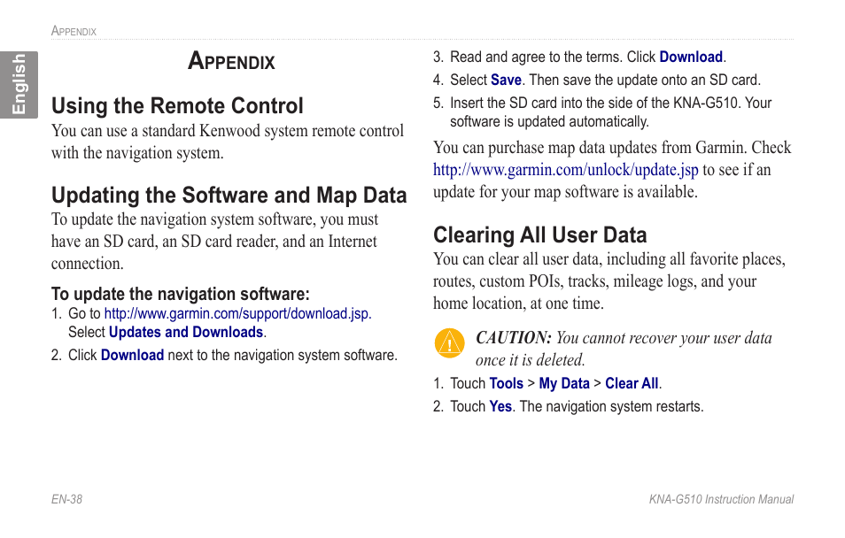 Appendix, Using the remote control, Updating the software and map data | Clearing all user data, Data, Clearing.all.user.data | Kenwood KNA-G510 User Manual | Page 44 / 160