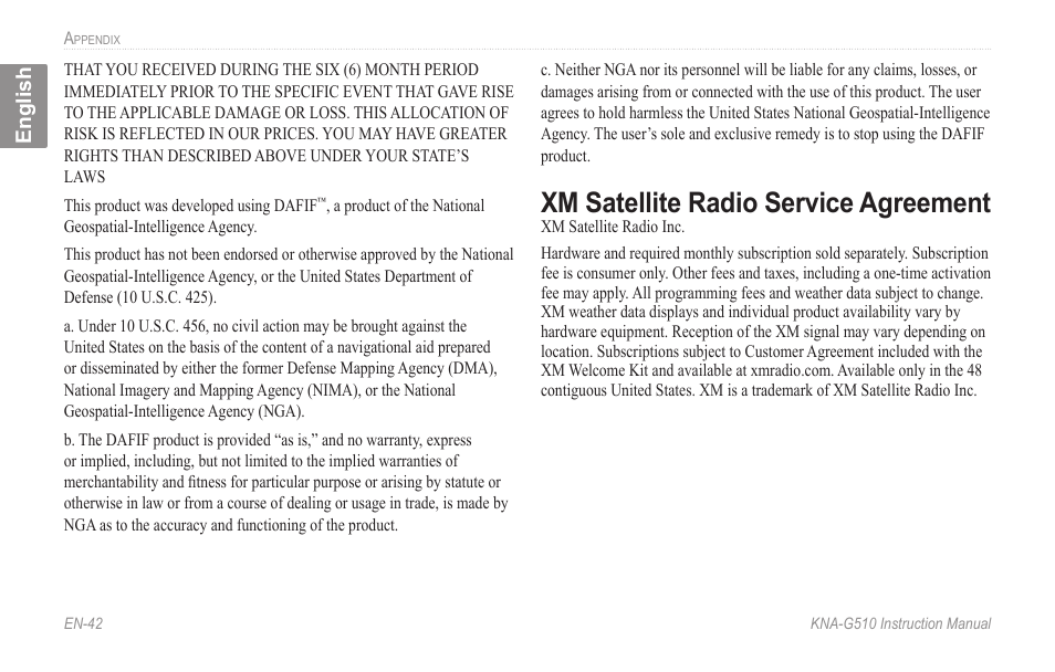 Xm satellite radio service agreement, Xm.satellite.radio.service, Agreement | Kenwood KNA-G510 User Manual | Page 48 / 160