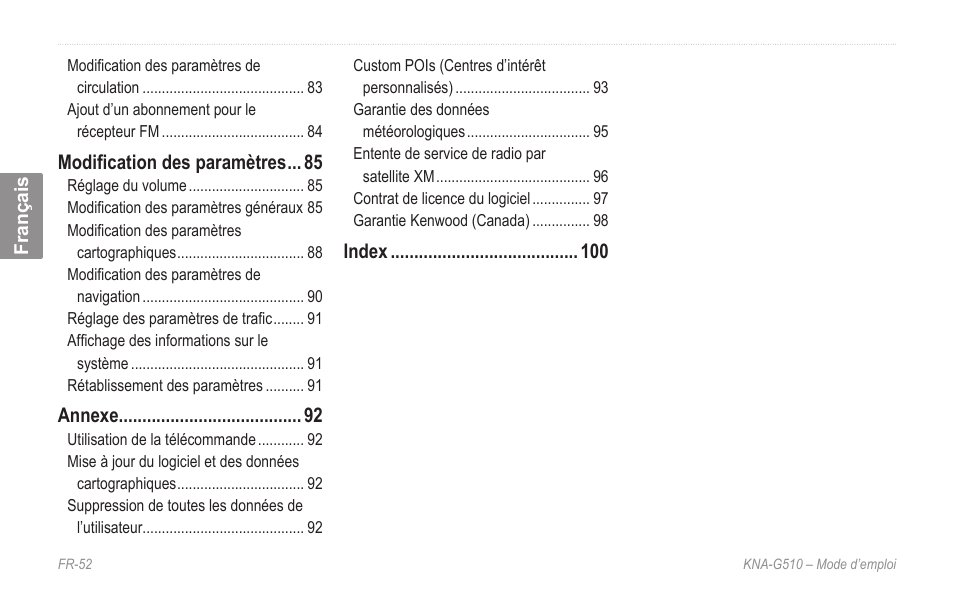 Modification des paramètres, Annexe, Index | Kenwood KNA-G510 User Manual | Page 58 / 160