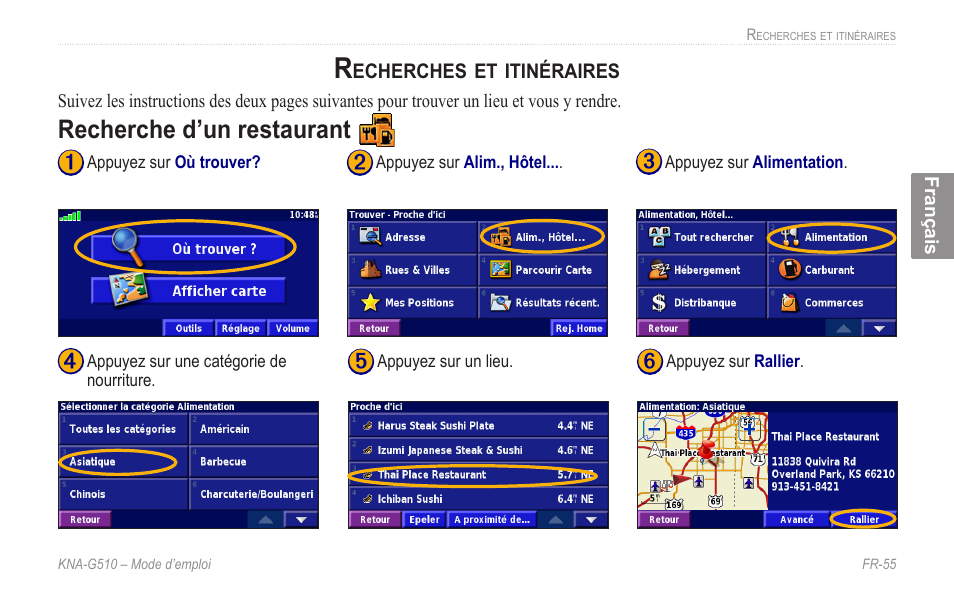 Recherches et itinéraires, Recherche d’un restaurant, Recherche.d’un.restaurant | Kenwood KNA-G510 User Manual | Page 61 / 160
