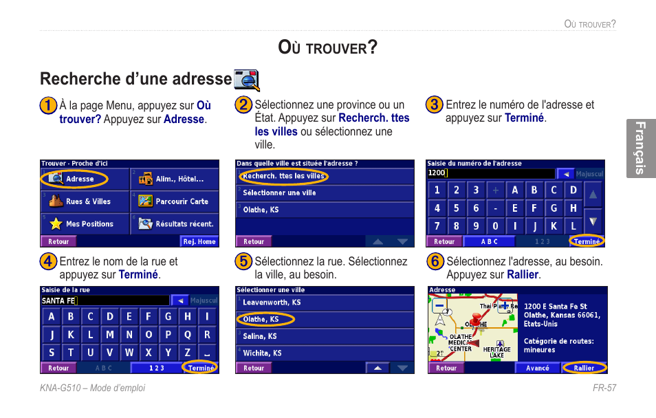 Où trouver, Recherche d’une adresse, Recherche.d’une.adresse | Kenwood KNA-G510 User Manual | Page 63 / 160