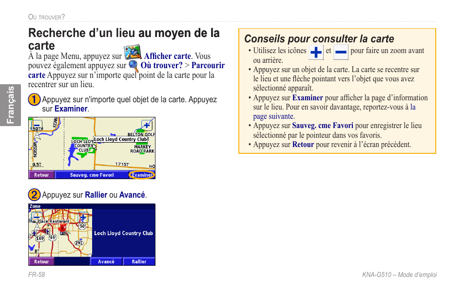 Recherche d’un lieu au moyen de la carte, Recherche.d’un.lieu.au.moyen.de.la, Carte | Conseils pour consulter la carte | Kenwood KNA-G510 User Manual | Page 64 / 160