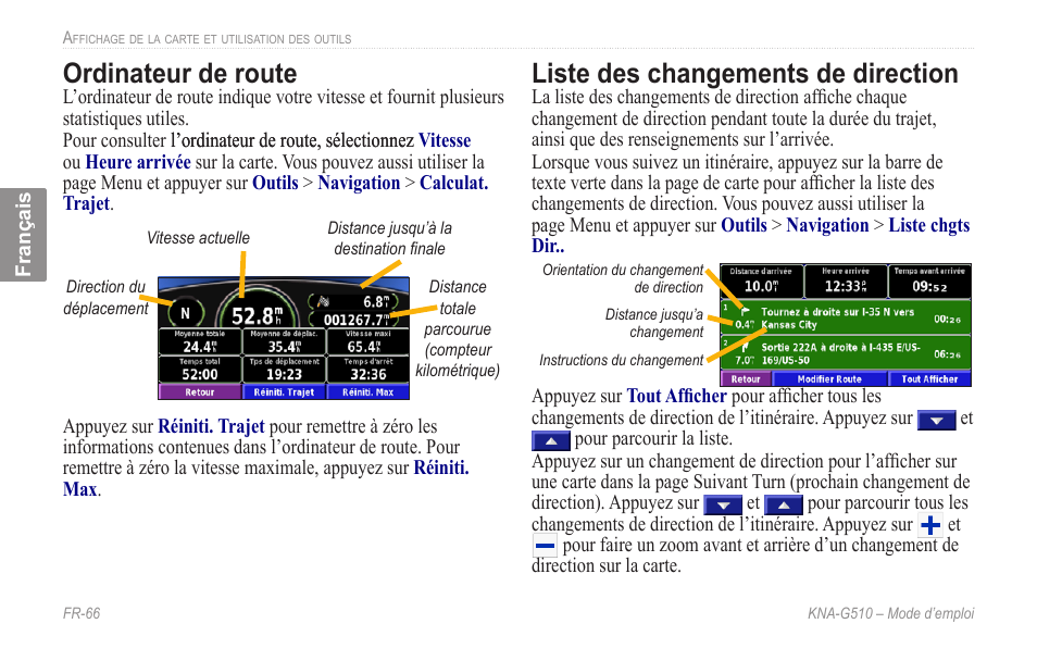 Ordinateur de route, Liste des changements de direction | Kenwood KNA-G510 User Manual | Page 72 / 160