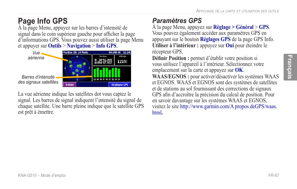 Page info gps, Paramètres gps | Kenwood KNA-G510 User Manual | Page 73 / 160