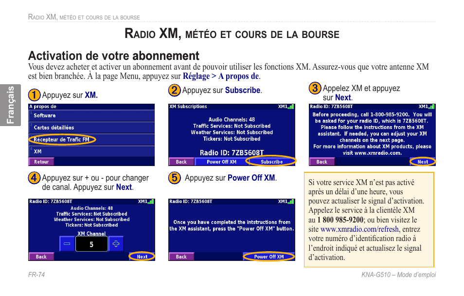 Radio xm, météo et cours de la bourse, Activation de votre abonnement, Radio xm, météo et cours de la | Bourse, Activation.de.votre.abonnement, Activation de votre abonnement abonnement | Kenwood KNA-G510 User Manual | Page 80 / 160